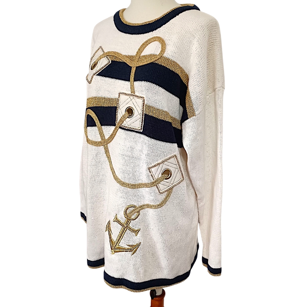 Vtg Cedars Nautical Sweater M Oversized Coastal Ramie Preppy Yacht Club Chunky - Picture 5 of 16